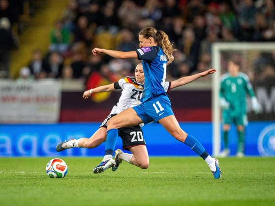 Soccer, Women, Season 2025 2026, World Cup Qualification in Dresden League A, Group 4 , Germany Slovenia, f l Elisa Senß Germany , Lara Prasnikar Slovenia , 03 03 2026, Copyright: xSebastianxRäppold MatthiasxKochx