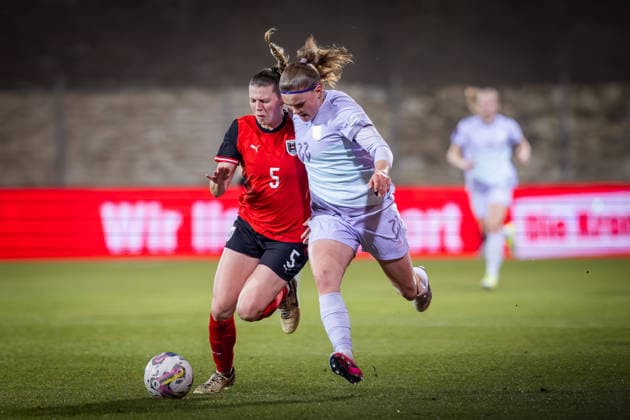 AUSTRIA - NORWAY WOMEN Claudia Wenger of Austria and Signe Gaupset of Norway during the league phase of 2027 FIFA Women s World Cup European Qualifiers League A football match between Austria and Norway. BSFZ Arena, Vienna, Austria, March 03, 2026. Photo by Branislav Racko Copyright: xx 080A0324