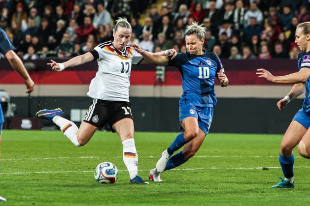 Sport, Soccer, World Cup Qualification Europe Women Season 2026 League A Group 4 1 Matchday Germany Slovenia 03 03 2026, Rudolf Harbig Stadion Dresden Franziska Kett Germany, 17 Domenika Conc Slovenia, 10 Dresden Rudolf Harbig Stadion Saxony Germany