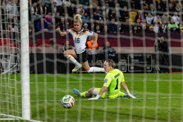 GER, UEFA Qualifying for the FIFA Womens World Cup 2027, Germany Slovenia 03 03 2026, Rudolf Harbig Stadium, Dresden, GER, UEFA Qualifying for the FIFA Womens World Cup 2027, Germany Slovenia Vivien Endemann Germany 8 with the 1 0 against Zala MerÅ¡nik Slovenia 1 Â nordphotoxGmbHxx xAlexanderxTrienitz nph00051