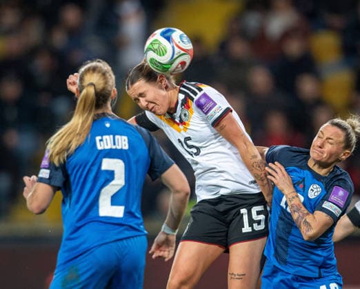 Soccer, Women, Season 2025 2026, World Cup Qualification in Dresden League A, Group 4 , Germany Slovenia, f l Lana Golob Slovenia , Larissa Mühlhaus Germany , Dominika Conc Slovenia , 03 03 2026, Copyright: xSebastianxRäppold MatthiasxKochx