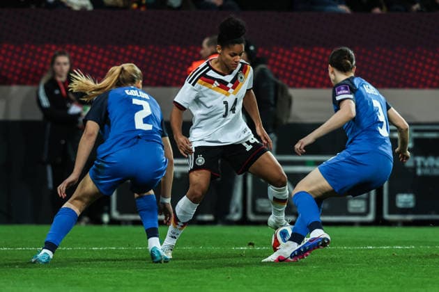 Sport, Soccer, World Cup Qualification Europe Women Season 2026 League A Group 4 1 Matchday Germany Slovenia 03 03 2026, Rudolf Harbig Stadium Dresden Lana Golob Slovenia, 2 Shekiera Martinez Germany, 14 Sara Agrez Slovenia, 3 Dresden Rudolf Harbig Stadium Saxony Germany