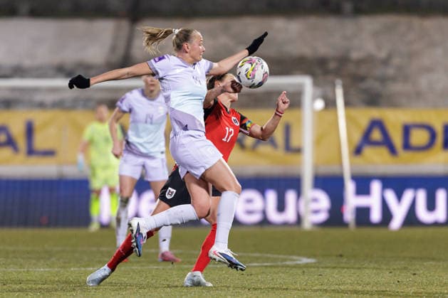 WOMEN SOCCER - FIFA World Cup, WM, Weltmeisterschaft, Fussball 2027, quali, AUT vs NOR MARIA ENZERSDORF,AUSTRIA,03.MAR.26 - WOMEN SOCCER - FIFA Women s World Cup 2027, european qualifiers, international match, Länderspiel, Nationalmannschaft Austria vs Norway. Image shows Frida Maanum (NOR) and Sarah Puntigam (AUT). GEPAxpictures xArminxRauthner
