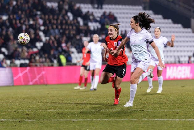 WOMEN SOCCER - FIFA World Cup, WM, Weltmeisterschaft, Fussball 2027, quali, AUT vs NOR MARIA ENZERSDORF,AUSTRIA,03.MAR.26 - WOMEN SOCCER - FIFA Women s World Cup 2027, european qualifiers, international match, Länderspiel, Nationalmannschaft Austria vs Norway. Image shows Melanie Brunnthaler (AUT) and Ingrid Syrstad Engen (NOR). GEPAxpictures xArminxRauthner