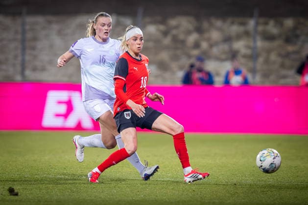AUSTRIA - NORWAY WOMEN Julia Hickelsberger Fuller of Austria and Mathilde Harviken of Norway during the league phase of 2027 FIFA Women s World Cup European Qualifiers League A football match between Austria and Norway. BSFZ Arena, Vienna, Austria, March 03, 2026. Photo by Branislav Racko Copyright: xx 080A0790
