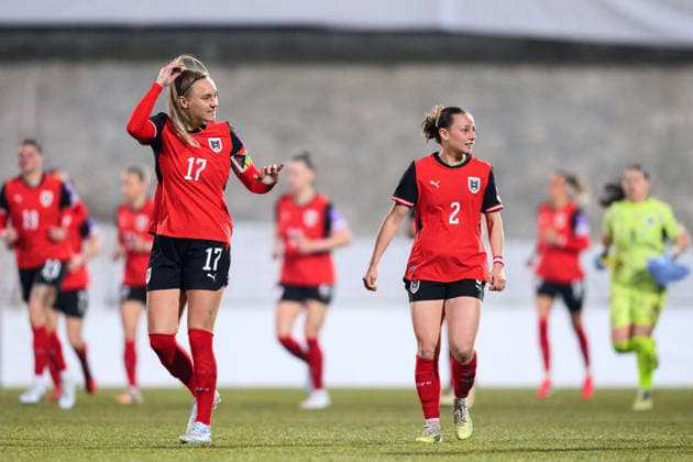 260303 Sarah Puntigam and Chiara Anna D™Angelo of Austria during the FIFA Women s World Cup Qualifier football match between Austria and Norway on March 3, 2026 in Vienna Photo Marius Simensen BILDBYRAN COP 238 MM0059 bbeng dam vm kval vm kvalifisering kvinner vm kvalik football fotball landskamp soccer fifa world cup qualifier norge norway austria osterrike  Copyright: MARIUSxSIMENSEN BB260303BB225