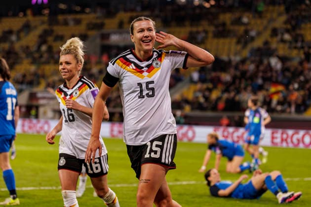 Dresden, Germany 03 March 2026 World Cup Qualification Women 2026 Germany vs Slovenia In the picture Larissa Mühlhaus Muehlhaus GER cheers after her goal for 4 0 DFB regulations prohibit any use of photographs as image sequences and or quasi video Rudolf Harbig Stadion Sachsen Copyright: xFotostandx xSchäferx