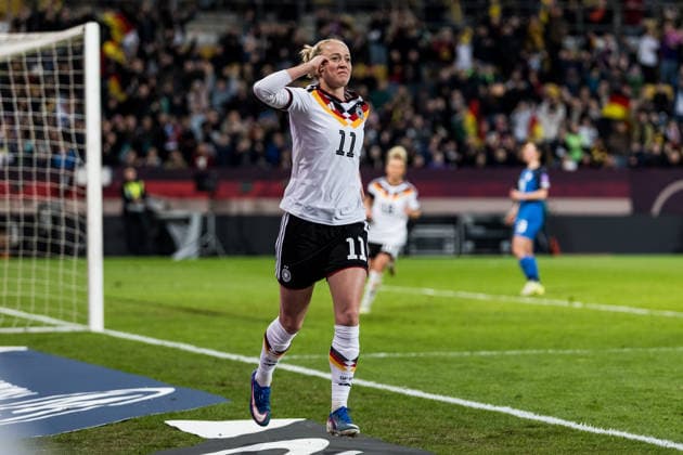 DRESDEN, GERMANY - MARCH 3: Lea Schueller (Schüller, Schuller, Germany, 11) celebrates scoring the 5:0 goal during the Women s European Qualifiers for the 2027 FIFA Women s World Cup match between Women s European Qualifiers for the 2027 FIFA Women s World Cup: Germany vs Slovenia at Ulrich-Haberland-Stadion on matchday 1 of the Women s European Qualifiers for the 2027 FIFA Women s World Cup on March 3, 2026 in Dresden, Germany. Saxony Germany Copyright: xSteffiexWunderlx
