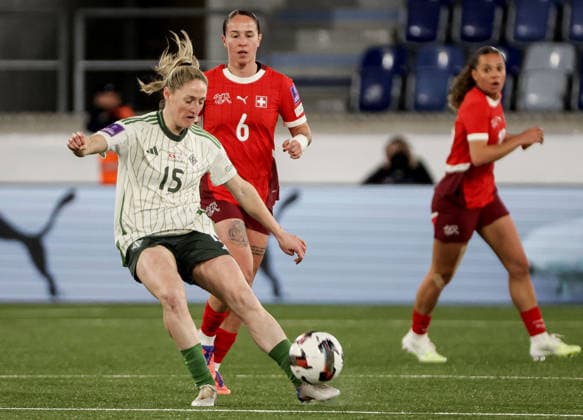 2027 FIFA Women s World Cup Qualifier Group F, Stade de la Tuiliere, Lausanne, Switzerland 3 3 2026 Switzerland vs Northern Ireland Switzerland s GÃ GÃ raldine Reuteler with Rebecca Holloway 3 3 2026  Copyright: x INPHO Presseye WilliamxCherryx Switzerland v N Ireland_053