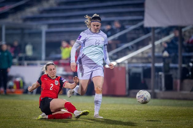 AUSTRIA - NORWAY WOMEN Chiara D Angelo of Austria and Signe Gaupset of Norway during the league phase of 2027 FIFA Women s World Cup European Qualifiers League A football match between Austria and Norway. BSFZ Arena, Vienna, Austria, March 03, 2026. Photo by Branislav Racko Copyright: xx 080A0958
