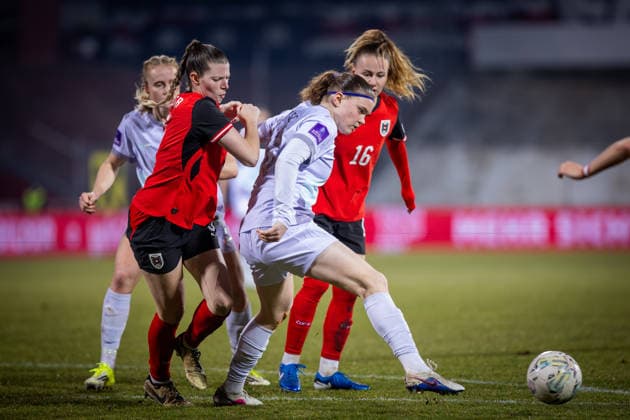 AUSTRIA - NORWAY WOMEN Claudia Wenger, Annabel Schasching of Austria and Signe Gaupset of Norway during the league phase of 2027 FIFA Women s World Cup European Qualifiers League A football match between Austria and Norway. BSFZ Arena, Vienna, Austria, March 03, 2026. Photo by Branislav Racko Copyright: xx 080A0939