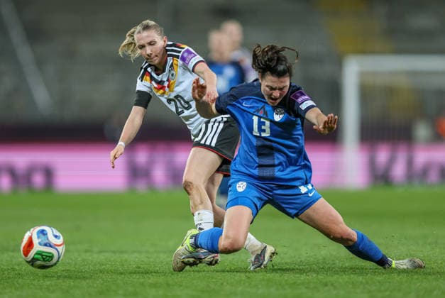 GER, Dresden, Germany vs Slovenia, International match, Football, FIFA, 2026 2027 season, World Cup Qualification, Rudolf Harbig Stadium, 1 Matchday in picture f l Elisa Senß Germany Women 20 , Zala KuÅ¡trin Slovenia Women 13 , duel DFB DFL REGULATIONS PROHIBIT ANY USE OF PHOTOGRAPHS AS IMAGE SEQUENCES AND OR QUASI VIDEO, 03 03 2026 Copyright: HMBxMedia HendrikxHamelau
