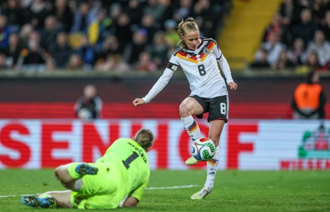 GER, Dresden, Germany vs Slovenia, International match, Football, FIFA, 2026 2027 season, World Cup Qualification, Rudolf Harbig Stadium, 1 Matchday in picture v l Zala Meršnik Slovenia Women 1 has to watch as Vivien Endemann Germany Women 8 scores a goal, but offside DFB DFL REGULATIONS PROHIBIT ANY USE OF PHOTOGRAPHS AS IMAGE SEQUENCES AND OR QUASI VIDEO, 03 03 2026 Copyright: HMBxMedia HendrikxHamelau