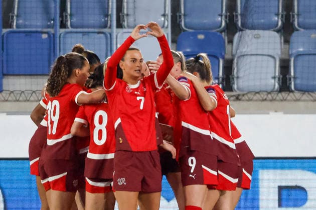 Goal celebration Switzerland at 1 0 by Riola Xhemaili Switzerland, 07 , Switzerland, Soccer, UEFA Womens World Cup Qualification, Group B 2, Switzerland vs Northern Ireland, 03 03 2026, Lausanne Stade de la Tuiliere Switzerland Copyright: xGrantxHubbsx