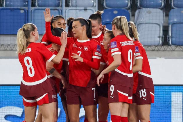 Goal celebration Switzerland at 1 0 by Riola Xhemaili Switzerland, 07 , Switzerland, Soccer, UEFA Womens World Cup Qualification, Group B 2, Switzerland vs Northern Ireland, 03 03 2026, Lausanne Stade de la Tuiliere Switzerland Copyright: xGrantxHubbsx