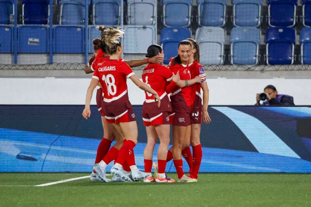 Goal celebration Switzerland at 1 0 by Riola Xhemaili Switzerland, 07 , Switzerland, Soccer, UEFA Womens World Cup Qualification, Group B 2, Switzerland vs Northern Ireland, 03 03 2026, Lausanne Stade de la Tuiliere Switzerland Copyright: xGrantxHubbsx
