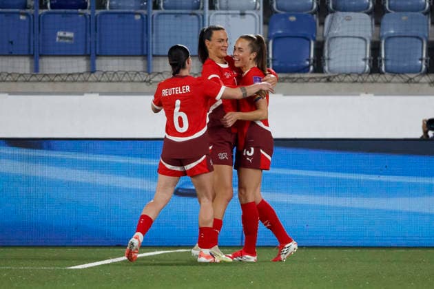 Goal celebration Switzerland at 1 0 by Riola Xhemaili Switzerland, 07 , Switzerland, Soccer, UEFA Womens World Cup Qualification, Group B 2, Switzerland vs Northern Ireland, 03 03 2026, Lausanne Stade de la Tuiliere Switzerland Copyright: xGrantxHubbsx