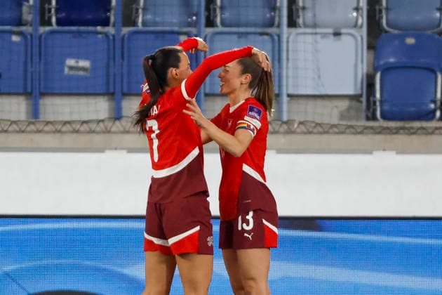 Goal celebration Switzerland at 1 0 by Riola Xhemaili Switzerland, 07 , Switzerland, Soccer, UEFA Womens World Cup Qualification, Group B 2, Switzerland vs Northern Ireland, 03 03 2026, Lausanne Stade de la Tuiliere Switzerland Copyright: xGrantxHubbsx