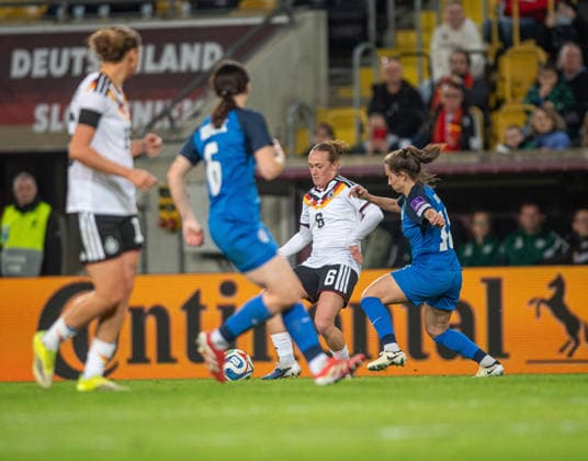 Soccer, Women, Season 2025 2026, World Cup Qualification in Dresden League A, Group 4 , Germany Slovenia, f l Larissa Mühlhaus Germany , Kaja Korosec Slovenia , Lisanne Gräwe Germany , Sara Ketis Slovenia , 03 03 2026, Copyright: xSebastianxRäppold MatthiasxKochx
