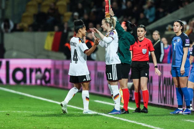 Sport, Soccer, World Cup Qualification Europe Women Season 2026 League A Group 4 1 Matchday Germany Slovenia 03 03 2026, Rudolf Harbig Stadion Dresden Shekiera Martinez Germany, 14 goes for Lea Schüller Germany, 11 from the pitch Dresden Rudolf Harbig Stadion Saxony Germany