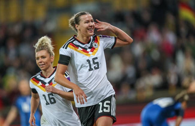 GER, Dresden, Germany vs Slovenia, international match, football, FIFA, 2026 2027 season, World Cup qualification, Rudolf Harbig Stadium, 1 matchday in picture Larissa Mühlhaus Germany Women 15 , goal, jubilation and joy, emotions, Goal scored, emotions, Gol, Slovenija, veselje, 4 0 DFB DFL REGULATIONS PROHIBIT ANY USE OF PHOTOGRAPHS AS IMAGE SEQUENCES AND OR QUASI VIDEO, 03 03 2026 Copyright: HMBxMedia HendrikxHamelau