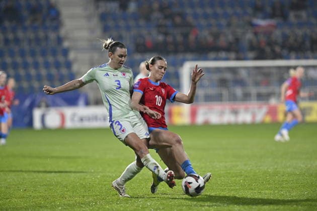 Ffion Morgan of Wales, left, and Jana Zufankova of Czech Republic in action during the European qualifying round group B1 for 2027 Women s Football World Championship, WM, Weltmeisterschaft match Czech Republic vs Wales on 3 March 2026 in Uherske Hradiste, Czech Republic. (CTKxPhoto DaliborxGluck) CTKPhotoP2026030307760  CTKPhotoP2026030307760