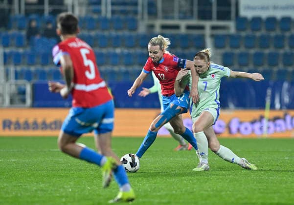 From left Aneta Polaskova and Klara Cahynova of Czech Republic and Ceri Holland of Wales in action during the European qualifying round group B1 for 2027 Women s Football World Championship, WM, Weltmeisterschaft match Czech Republic vs Wales on 3 March 2026 in Uherske Hradiste, Czech Republic. (CTKxPhoto DaliborxGluck) CTKPhotoP2026030307980  CTKPhotoP2026030307980