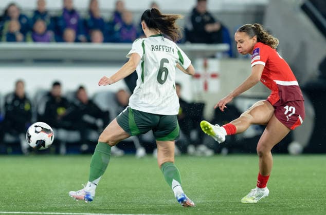 Lausanne, Switzerland - March 03 : Iman Beney of Switzerland shoots the ball (action) under pressure of Laura Rafferty of Northern Ireland during the FIFA Women s World Cup 2027 Qualifiers match between Switzerland and Northern Ireland at Stade de la Tuiliere on March 03 , 2026 in Lausanne, Switzerland. (Photo by Giuseppe Velletri SPP) Copyright: xGiuseppexVelletrix xSPPx Sportspressphoto_SPR100618