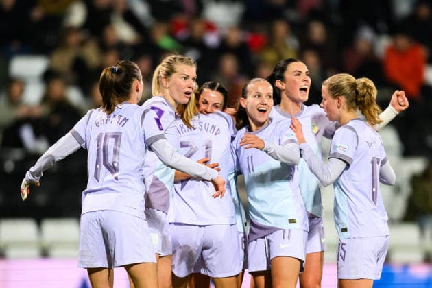 260303 Lisa Naalsund, Ada Hegerberg , Guro Reiten and Ingrid Syrstad Engen of Norway celebrate the 0 1 goal during the FIFA Women s World Cup Qualifier football match between Austria and Norway on March 3, 2026 in Vienna Photo Marius Simensen BILDBYRAN COP 238 MM0059 bbeng dam vm kvalisering vm kvalisering kvinner vm kvalik football fotball fotball landskamp soccer fifa world cup qualifier norge norway austria osterrike jubel  Copyright: MARIUSxSIMENSEN BB260303BB243