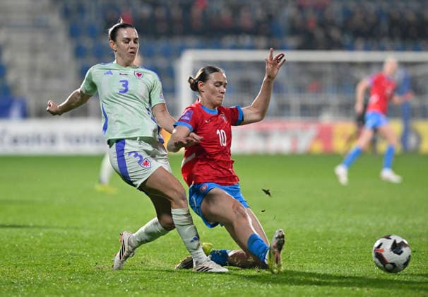 Germma Evans of Wales, left, and Jana Zufankova of Czech Republic in action during the European qualifying round group B1 for 2027 Women s Football World Championship, WM, Weltmeisterschaft match Czech Republic vs Wales on 3 March 2026 in Uherske Hradiste, Czech Republic. (CTKxPhoto DaliborxGluck) CTKPhotoP2026030307984  CTKPhotoP2026030307984