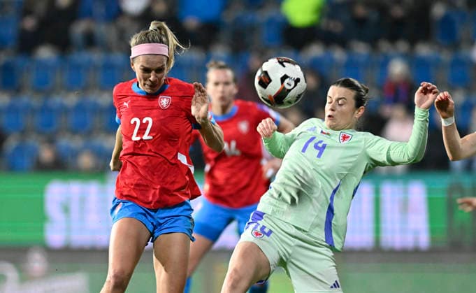 Franny Cerna of Czech Republic, left, and Hayley Ladd of Wales in action during the European qualifying round group B1 for 2027 Women s Football World Championship, WM, Weltmeisterschaft match Czech Republic vs Wales on 3 March 2026 in Uherske Hradiste, Czech Republic. (CTKxPhoto DaliborxGluck) CTKPhotoP2026030307989  CTKPhotoP2026030307989