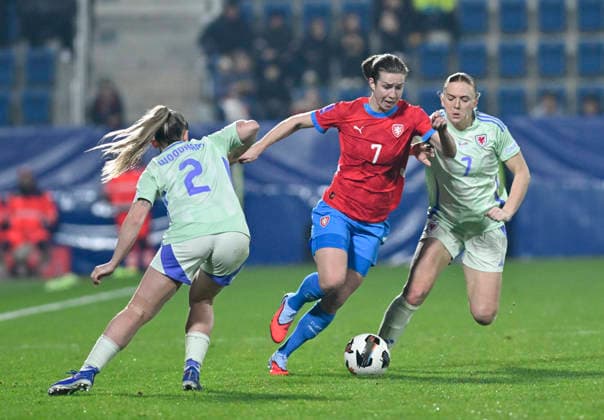 From left Lily Woodham of Wales, Antonie Starova of Czech Republic and Ceri Holland of Wales in action during the European qualifying round group B1 for 2027 Women s Football World Championship, WM, Weltmeisterschaft match Czech Republic vs Wales on 3 March 2026 in Uherske Hradiste, Czech Republic. (CTKxPhoto DaliborxGluck) CTKPhotoP2026030307990  CTKPhotoP2026030307990