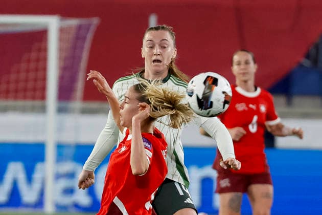 Lauren Wade Northern Ireland, 14 and Nadine Riesen Switzerland, 08 in duel , Switzerland, Soccer, UEFA Womens World Cup Qualification, Group B 2, Switzerland vs Northern Ireland, 03 03 2026, Lausanne Stade de la Tuiliere Switzerland Copyright: xGrantxHubbsx