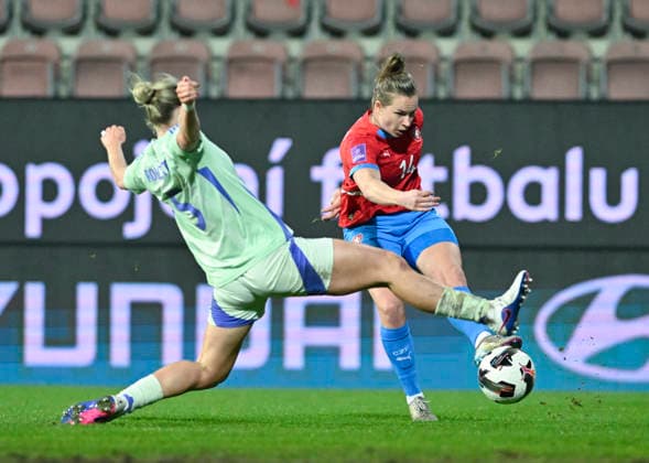 Rhiannon Roberts of Wales, left, and Michaela Khyrova of Czech Republic in action during the European qualifying round group B1 for 2027 Women s Football World Championship, WM, Weltmeisterschaft match Czech Republic vs Wales on 3 March 2026 in Uherske Hradiste, Czech Republic. (CTKxPhoto DaliborxGluck) CTKPhotoP2026030307996  CTKPhotoP2026030307996