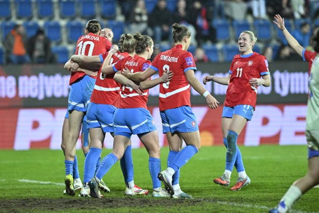 Czech players celebrate a goal during the European qualifying round group B1 for 2027 Women s Football World Championship, WM, Weltmeisterschaft match Czech Republic vs Wales on 3 March 2026 in Uherske Hradiste, Czech Republic. (CTKxPhoto DaliborxGluck) CTKPhotoP2026030308102  CTKPhotoP2026030308102