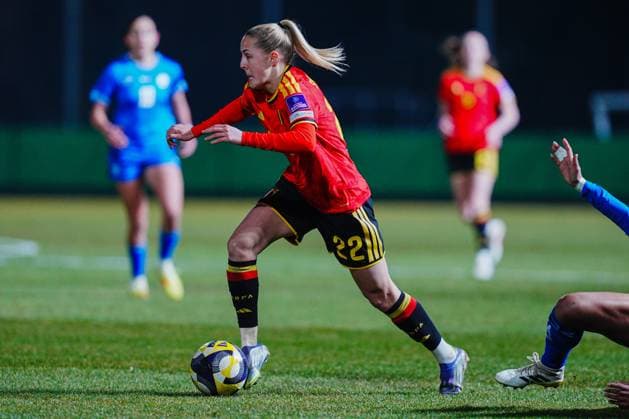 Saar Janssen of Belgium controls the ball during a game between Belgium s national women s soccer team the Red Flames and Israel, qualifying game 1 6 for the 2027 FIFA Women s World Cup, on Tuesday 03 March 2026, in Budaors, Hungary. ISTVAN DERENCSENYI IstvanxDerencsenyi  x166367399x