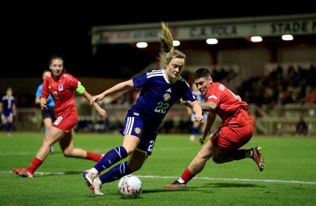 Erin Cuthbert of Scotland in action against Andreia Machado of Luxembourg Luxembourg Women v Scotland Women, 2027 FIFA Women s World Cup Qualifiers, Group D, Football, Stade mile Mayrisch, Luxembourg - 03 Mar 2026 Stade mile Mayrisch Luxembourg EDITORIAL USE ONLY No use with unauthorised audio, video, data, fixture lists, club league logos or live services. Online in-match use limited to 120 images, no video emulation. No use in betting, games or single club league player publications. Copyright: xGeorgexTewkesbury Shutterstockx 16719926ag