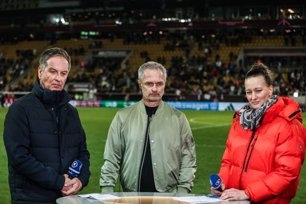 Sport, Soccer, World Cup Qualification Europe Women Season 2026 League A Group 4 1 Matchday Germany Slovenia 03 03 2026, Rudolf Harbig Stadium Dresden Claus Rufen ARD , Christian Wück Coach Germany , Almuth Schult Expert ARD Dresden Rudolf Harbig Stadium Saxony Germany