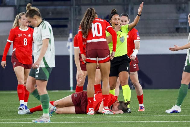 Julia Stierli Switzerland, 02 injured on the ground , Switzerland, Football, UEFA Womens World Cup Qualification, Group B 2, Switzerland vs Northern Ireland, 03 03 2026, Lausanne Stade de la Tuiliere Switzerland Copyright: xGrantxHubbsx
