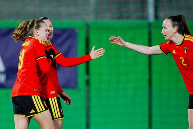 Hannah Eurlings ,Jarne Teulings and Sari Kees of Belgium celebrate after scoring the second goal during a game between Belgium s national women s soccer team the Red Flames and Israel, qualifying game 1 6 for the 2027 FIFA Women s World Cup, on Tuesday 03 March 2026, in Budaors, Hungary. ISTVAN DERENCSENYI IstvanxDerencsenyi  x166370468x
