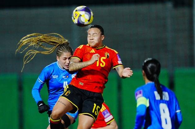 Mariam Toloba of Belgium heads the ball during the a game between Belgium s national women s soccer team the Red Flames and Israel, qualifying game 1 6 for the 2027 FIFA Women s World Cup, on Tuesday 03 March 2026, in Budaors, Hungary. ISTVAN DERENCSENYI IstvanxDerencsenyi  x166370564x
