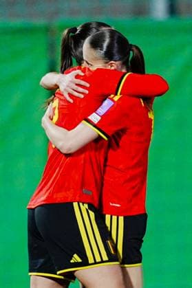 Hannah Eurlings of Belgium celebrates with Zenia Mertens of Belgium after scoring the second goal during a game between Belgium s national women s soccer team the Red Flames and Israel, qualifying game 1 6 for the 2027 FIFA Women s World Cup, on Tuesday 03 March 2026, in Budaors, Hungary. ISTVAN DERENCSENYI IstvanxDerencsenyi  x166370612x