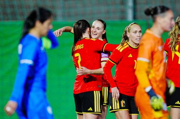 Hannah Eurlings of Belgium celebrates with Zenia Mertens of Belgium after scoring the second goal during a game between Belgium s national women s soccer team the Red Flames and Israel, qualifying game 1 6 for the 2027 FIFA Women s World Cup, on Tuesday 03 March 2026, in Budaors, Hungary. ISTVAN DERENCSENYI IstvanxDerencsenyi  x166370689x