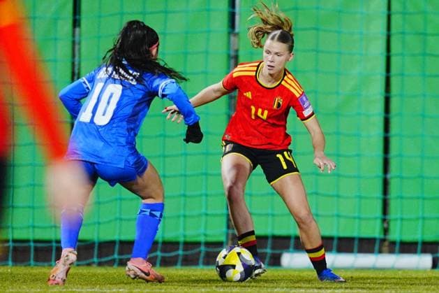 Lore Jacobs of Belgium in action during a game between Belgium s national women s soccer team the Red Flames and Israel, qualifying game 1 6 for the 2027 FIFA Women s World Cup, on Tuesday 03 March 2026, in Budaors, Hungary. ISTVAN DERENCSENYI IstvanxDerencsenyi  x166370850x