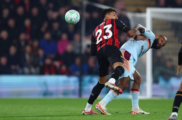 Bournemouth, England, 3rd March 2026. James Hill of Bournemouth and Igor Thiago of Brentford challenge for the ball during the AFC Bournemouth vs Brentford Premier League match at the Vitality Stadium, Bournemouth. Picture credit should read: Paul Terry Sportimage EDITORIAL USE ONLY. No use with unauthorised audio, video, data, fixture lists, club league logos or live services. Online in-match use limited to 120 images, no video emulation. No use in betting, games or single club league player publications. SPI_009_PT_Bournemouth_Brentford SPI-4572-0009
