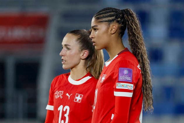 Lia Wälti, Walti Switzerland, 13 and Sydney Schertenleib Switzerland, 10 , Switzerland, Football, UEFA Womens World Cup Qualification, Group B 2, Switzerland vs Northern Ireland, 03 03 2026, Lausanne Stade de la Tuiliere Switzerland Copyright: xGrantxHubbsx