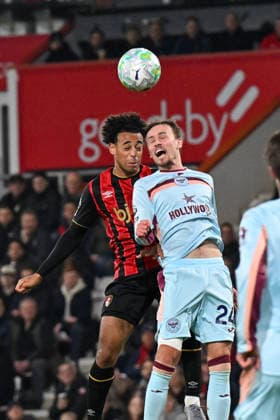 Bournemouth v Brentford Premier League Mikkel Damsgaard of Brentford wins a header against Tyler Adams of Bournemouth during the Premier League match at the Vitality Stadium, Bournemouth 03 03 2026 UK Newspapers OUT Copyright: xJeremyxLandeyx FIL-23072-0017