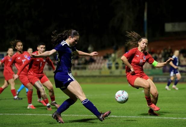 Emma Lawton of Scotland in action against Laura Miller of Luxembourg Luxembourg Women v Scotland Women, 2027 FIFA Women s World Cup Qualifiers, Group D, Football, Stade mile Mayrisch, Luxembourg - 03 Mar 2026 Stade mile Mayrisch Luxembourg EDITORIAL USE ONLY No use with unauthorised audio, video, data, fixture lists, club league logos or live services. Online in-match use limited to 120 images, no video emulation. No use in betting, games or single club league player publications. Copyright: xGeorgexTewkesbury Shutterstockx 16719926aq