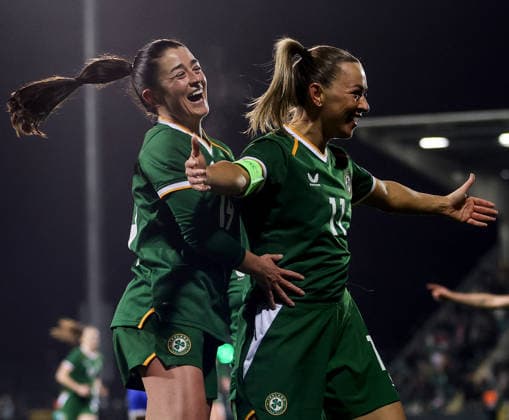 2027 FIFA Women s World Cup Qualifier, Tallaght Stadium, Dublin 3 3 2026 Republic of Ireland WNT vs France Ireland™s Katie McCabe celebrates with Abbie Larkin after she scores her sides 1st goal of the match Katie McCabe celebrates with Abbie Larkin after she scores her sides 1st goal of the match 3 3 2026  Copyright: x INPHO RyanxByrnex RB2_4560a