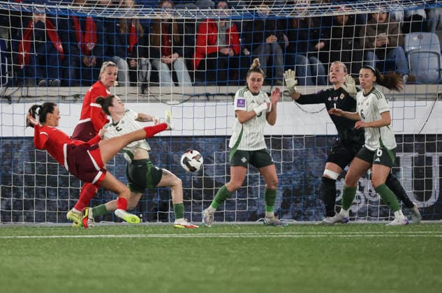2027 FIFA Women s World Cup Qualifier Group F, Stade de la Tuiliere, Lausanne, Switzerland 3 3 2026 Switzerland vs Northern Ireland Switzerland s Riola Xhemaili with Northern Ireland™s Rebecca McKenna Riola Xhemaili with Rebecca McKenna 3 3 2026  Copyright: x INPHO Presseye WilliamxCherryx Switzerland v N Ireland_099